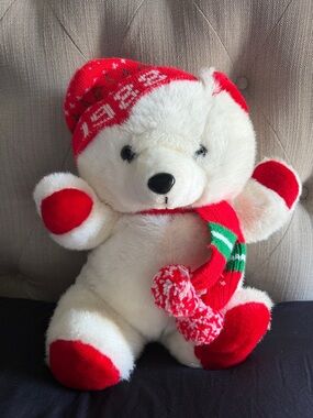 1988 vintage white teddy bear Christmas holiday plush,manufactured by Dan Dee